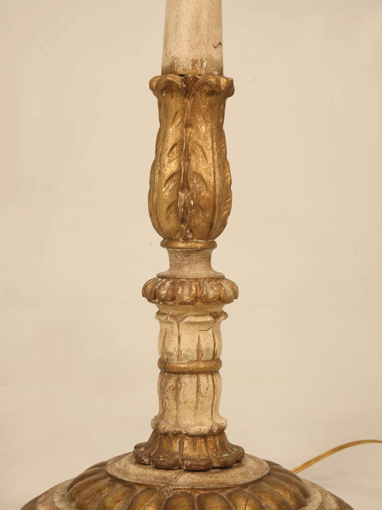 Wood Italian Carved Painted and Gilded Candlestick Floor Lamp