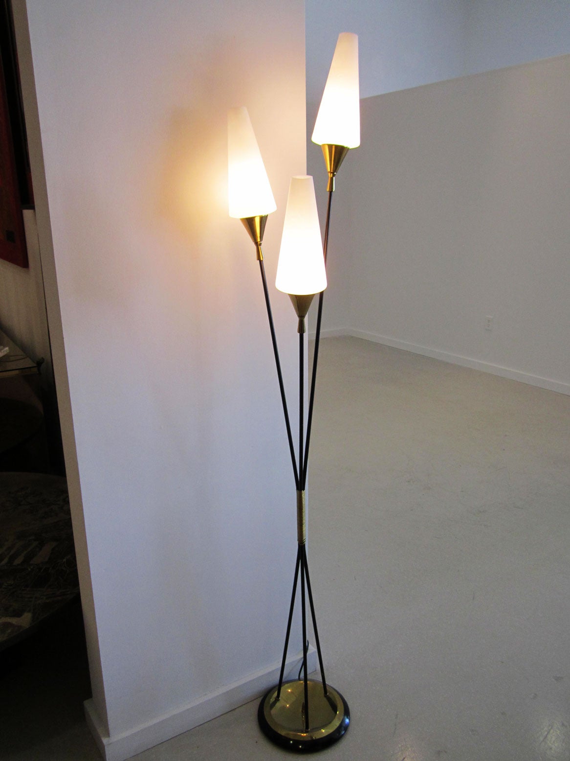 Single three socket floor lamp in the style of Stilnovo. The lamp has three black enamel rods with brass details and satin glass shades.