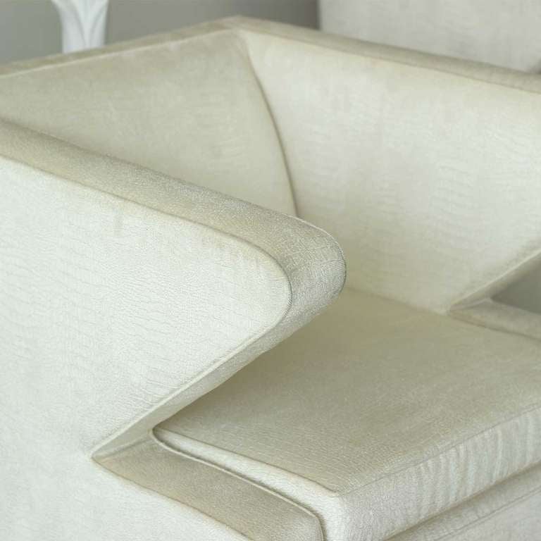 Pair of Italian Mid Century modern geometric chairs in white textured velvet fabric.