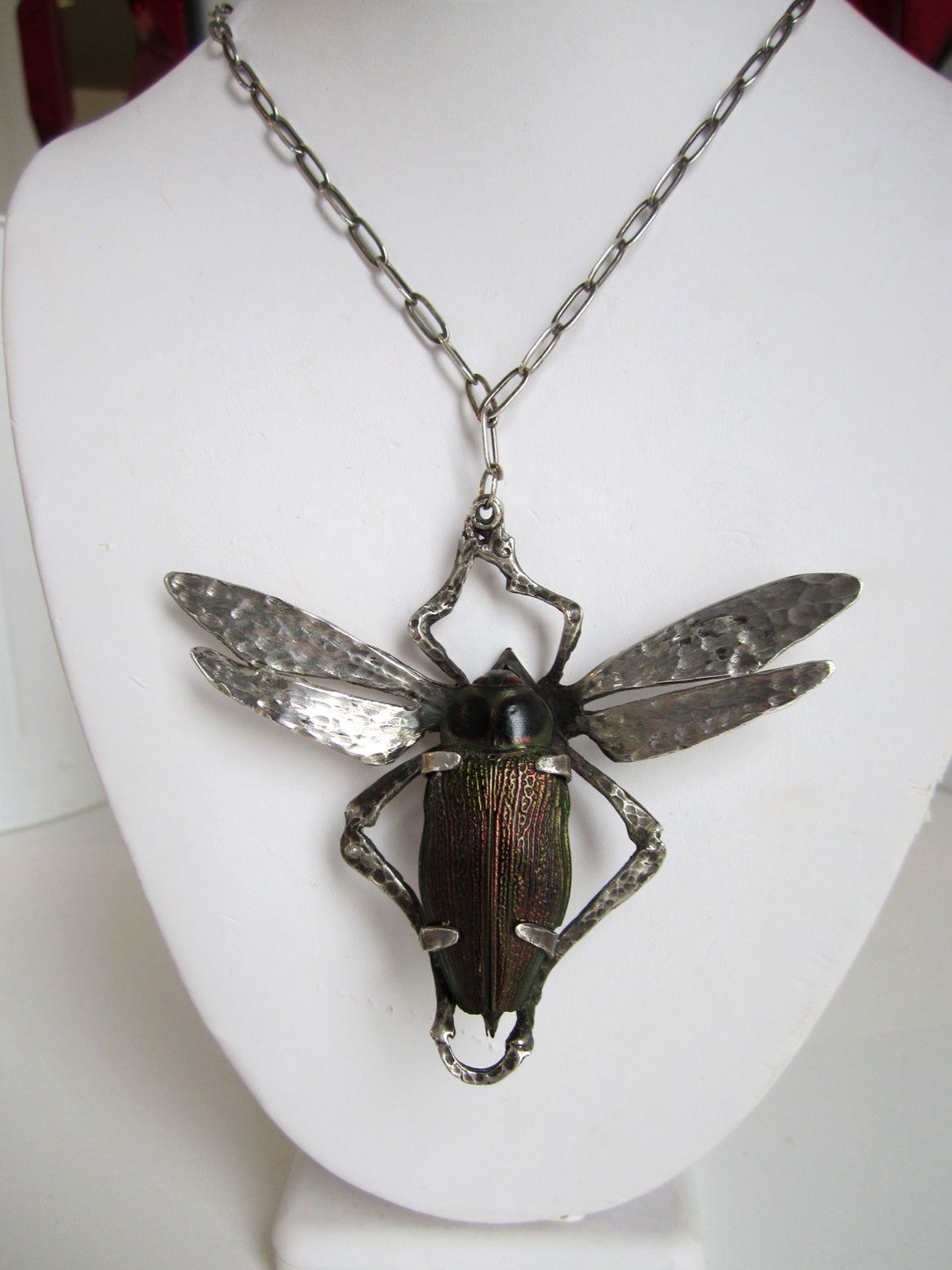 Sterling silver hand-wrought cicada necklace with original chain. A statement necklace with authentic beetle with wonderful iridescence.