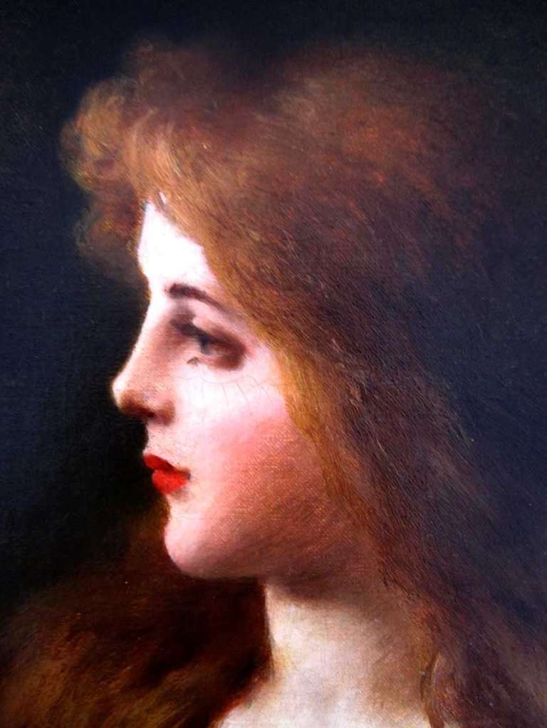 Oil on canvas painting of a young woman in profile with red hair in a scarlet dress, signed by Jules Ballavoine, a listed French artist.

Jules Frederic Ballavoine received his formal art training at L'Ecole de Beaux-Arts and debuted at the Salon