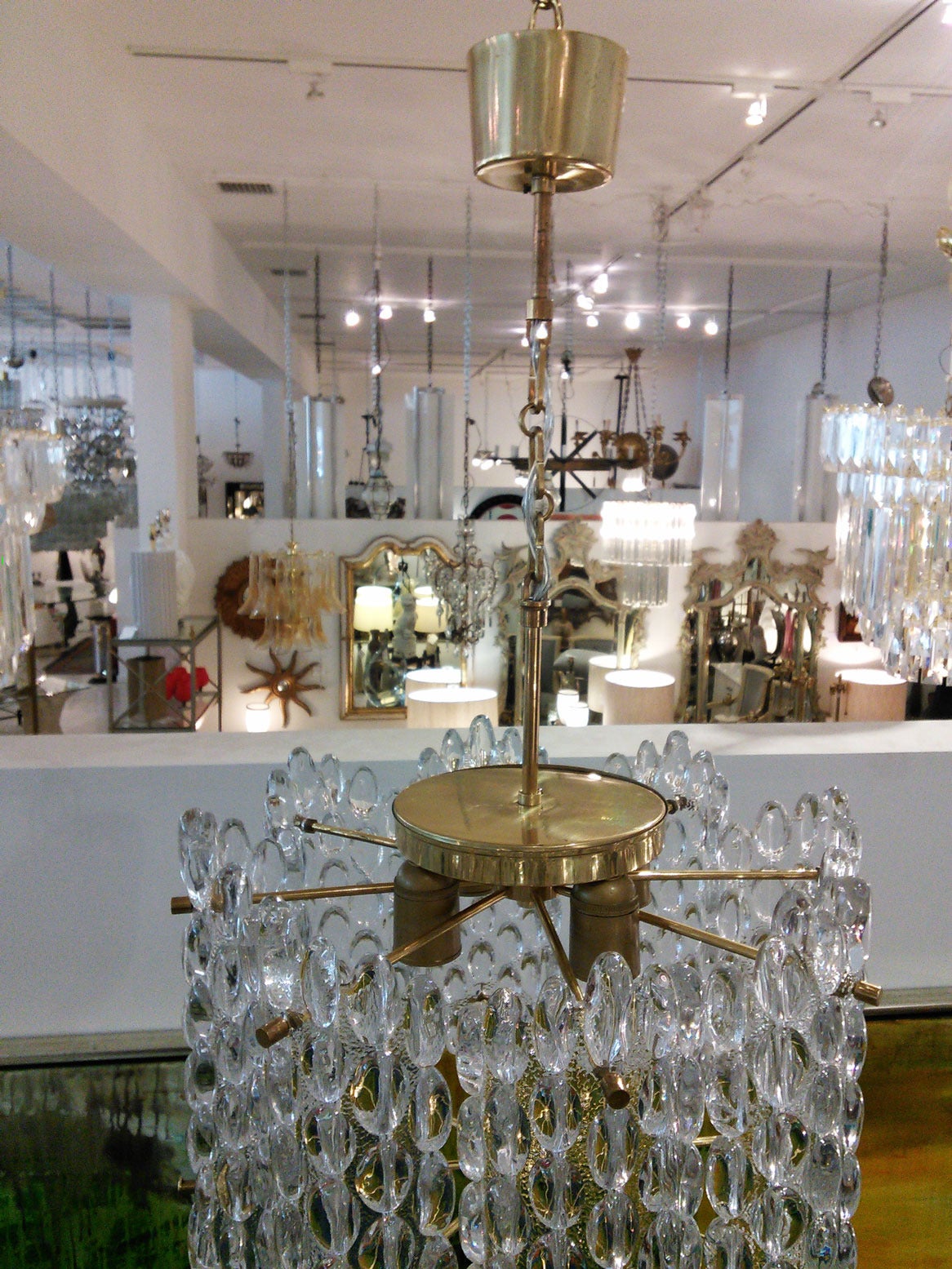 European Orrefors for Carl Fagerlund Brass and Glass Pendant Chandelier