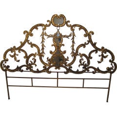 Gilt Metal Italian Headboard with Mirrored Cartouches