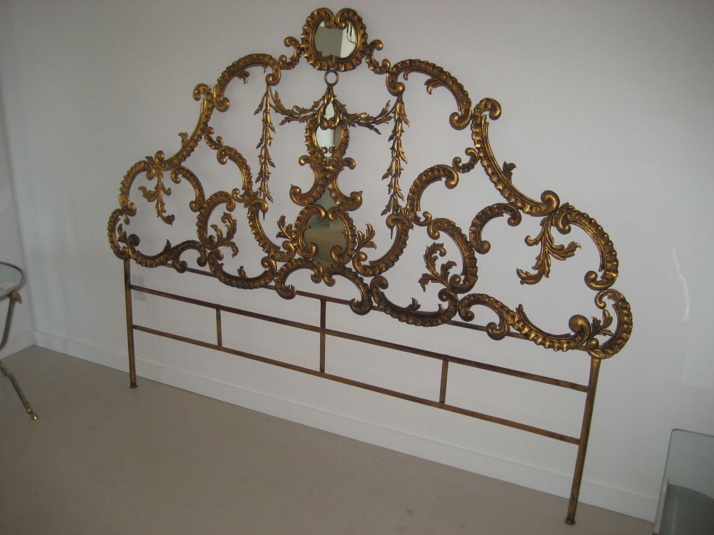 Gilt Metal Italian Headboard with Mirrored Cartouches