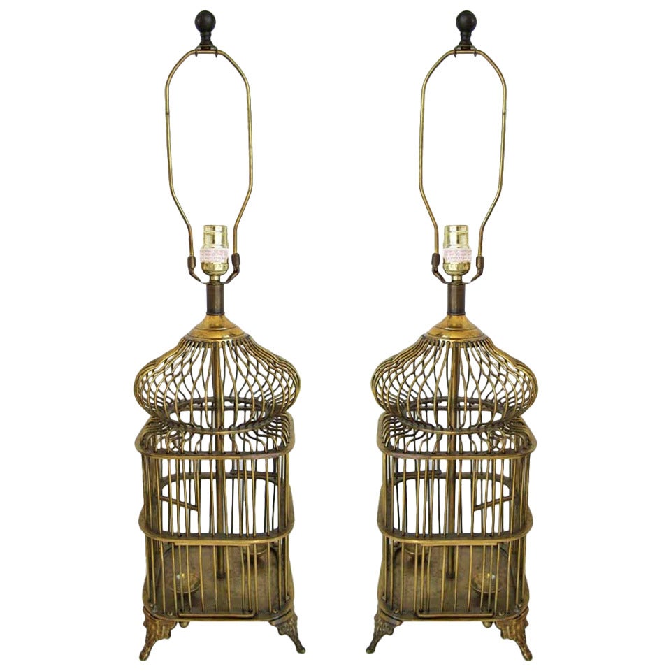 Pair of Vintage Brass Birdcage Lamps