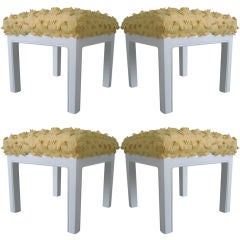 Set of 4 Mid Century White Lacquer Stools with Yellow Cushions