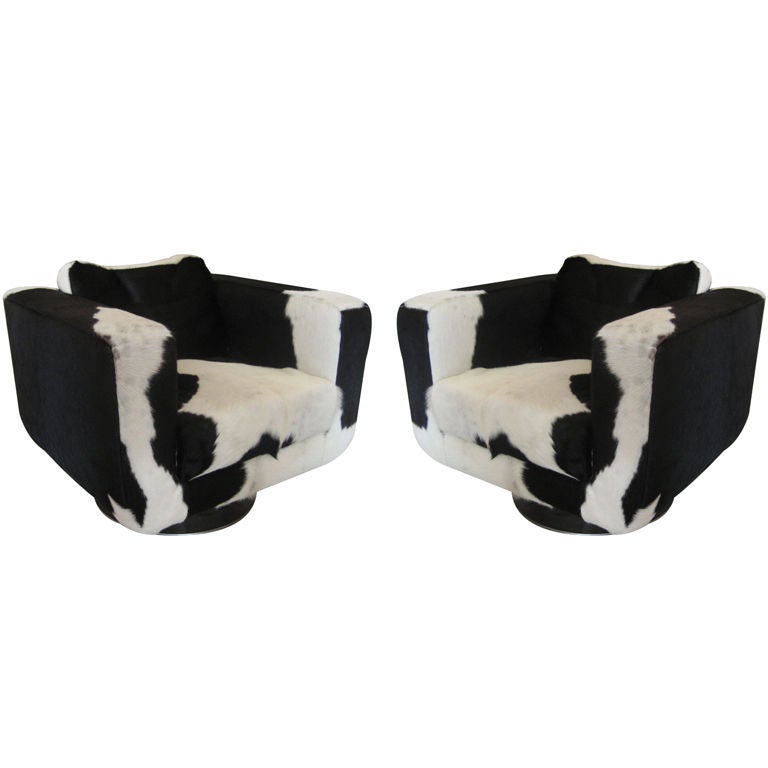 Pair of Cowhide Swivel Chairs with Chrome Base