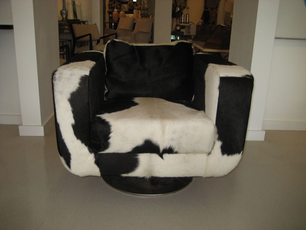 Unknown Pair of Cowhide Swivel Chairs with Chrome Base