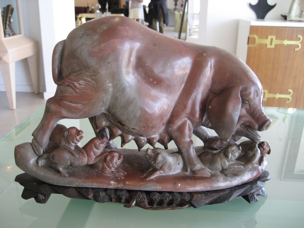 Carved Soapstone Sow with Piglets