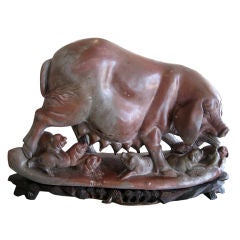 Carved Soapstone Sow with Piglets