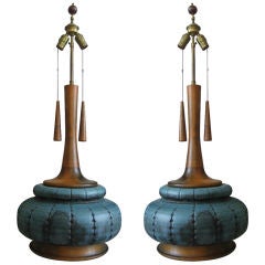 Pair of Mid Century Blue Pottery Lamps with Teak