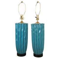 Pair of Vintage Turquoise Blue Crackle Glaze Lamps