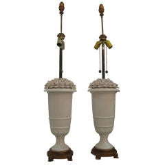 Pair of Italian White Porcelain Lamps with Flowers