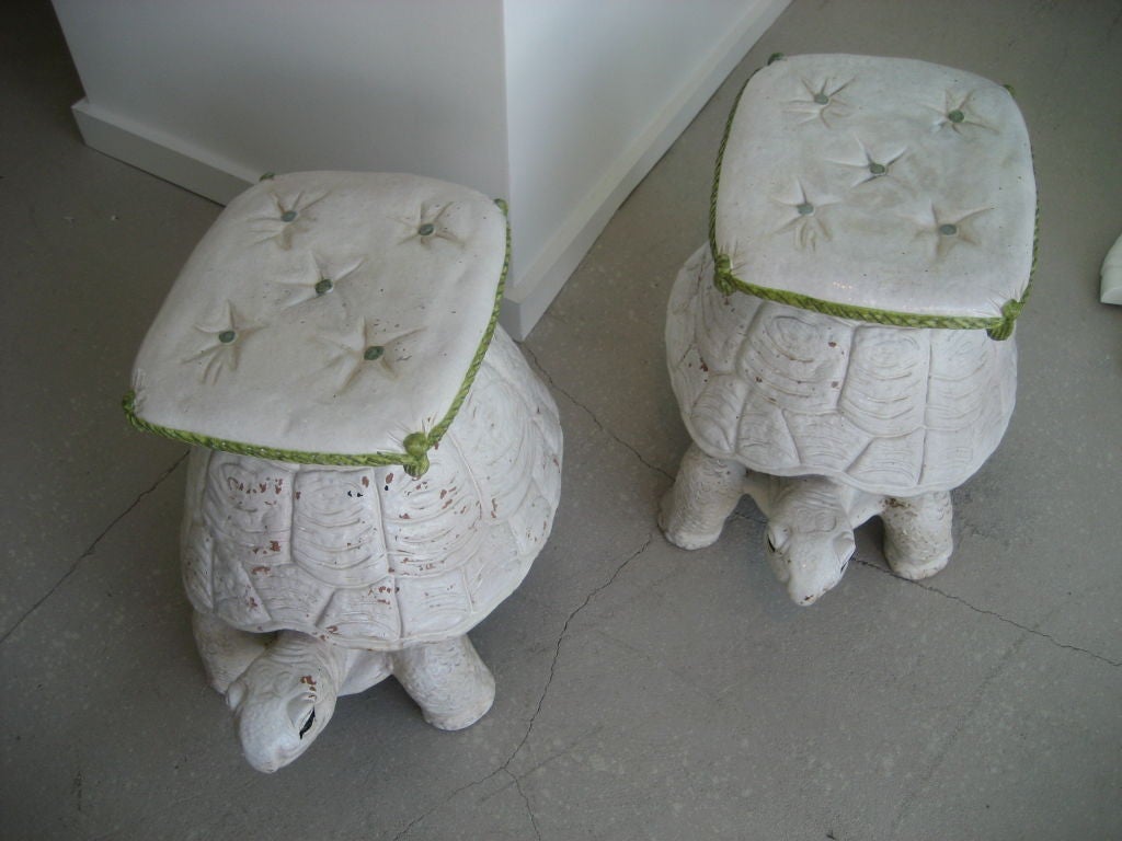 Wonderful pair of terracotta garden seats in the form of turtles with cushions as seat or table top.