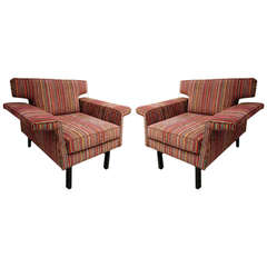 Pair of Mid-Century Modern Arm Chairs with Striped Upholstery