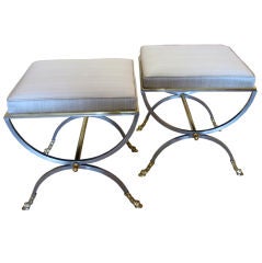 Pair of Brass and Steel Benches with Cloven Foot Motif