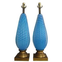 Pair of Turquoise Blue Murano Glass Lamps
