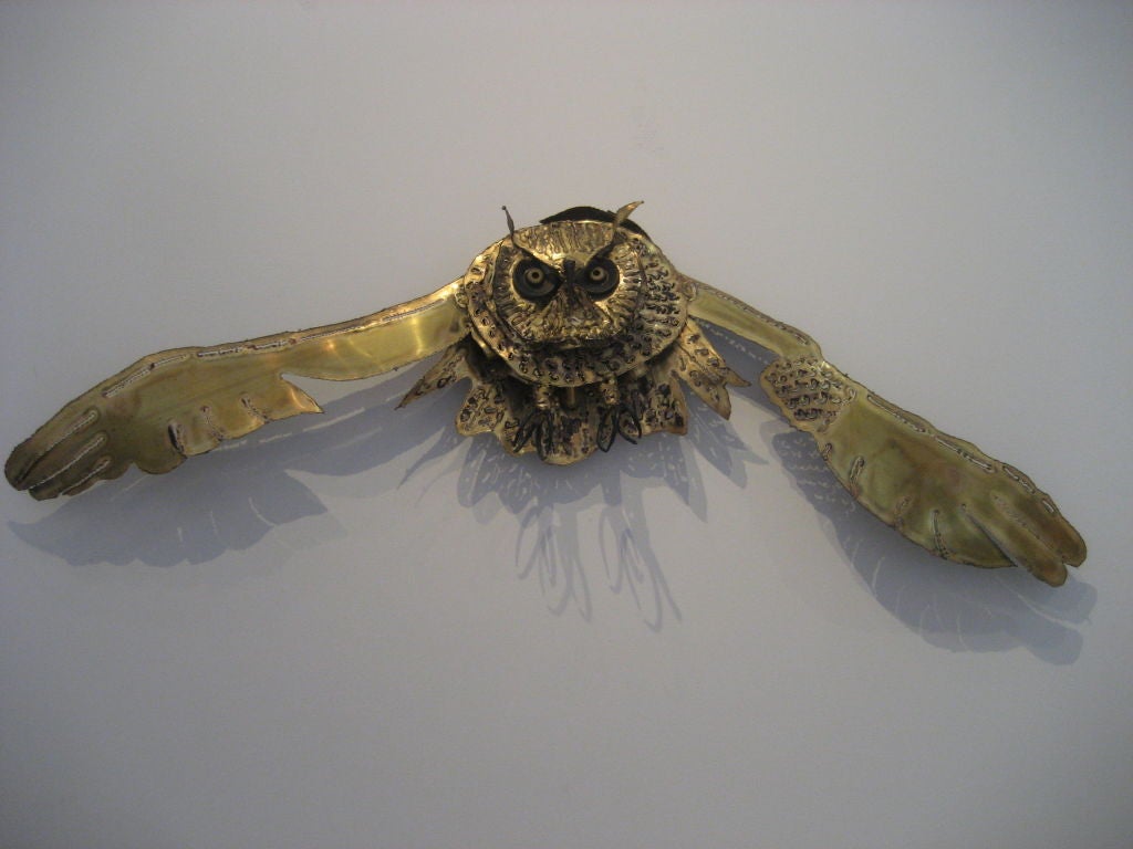 Unknown Mid Century Mixed Metal Owl Wall Sculpture - Del Filardi