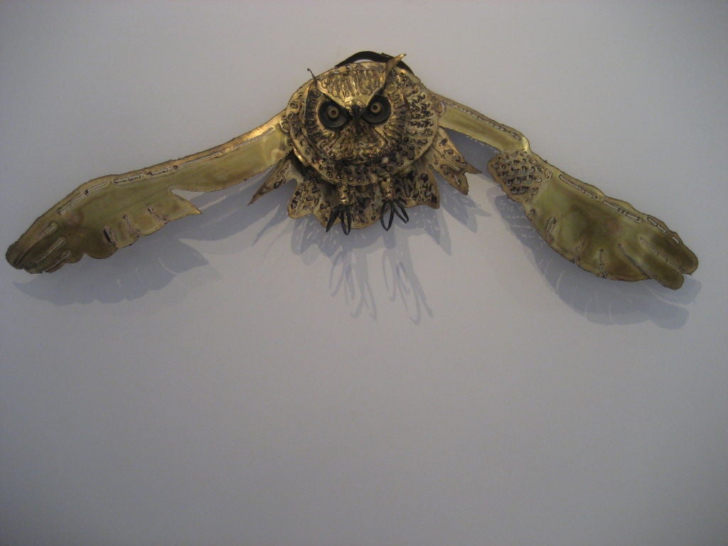 Mid Century Mixed Metal Owl Wall Sculpture - Del Filardi 4