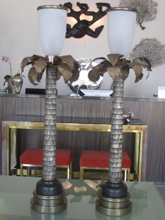 Large pair of Mid Century palm tree lamps with frosted glass shades.
