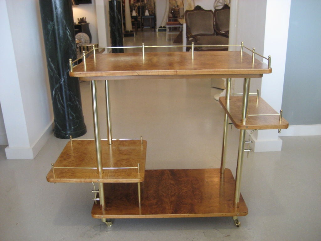 Italian bar cart with burl wood and polished brass