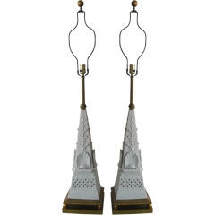 Pair of White Bisque Obelisk  Lamps with Shell Motif
