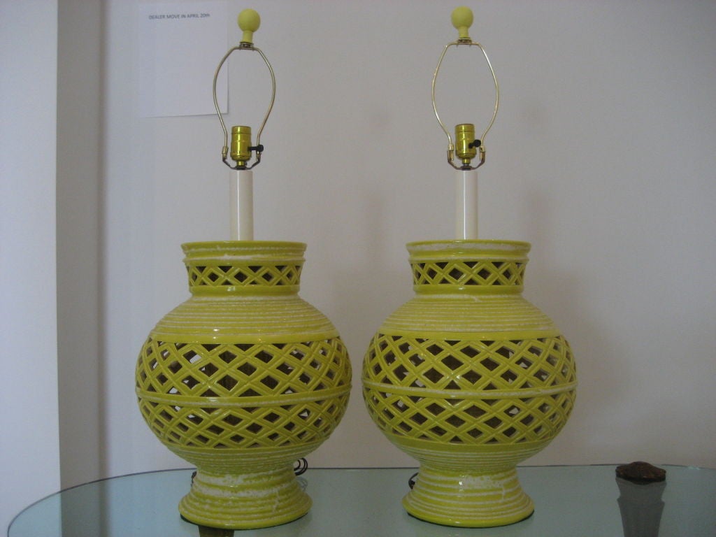 Pair of Yellow Mid Century Lamps with Lattice Motif