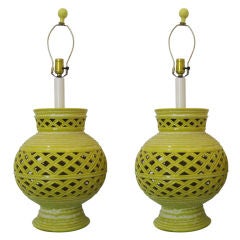 Pair of Yellow Mid Century Lamps with Lattice Motif