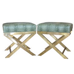 Pair of Brass Benches with Faux Green Crocodile