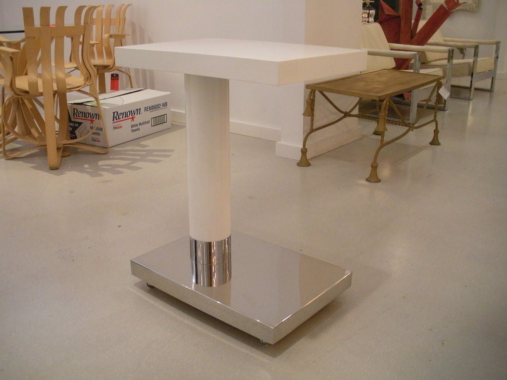 Pair of 1970s White Lacquer and Chrome Tables