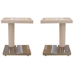 Pair of 1970s White Lacquer and Chrome Tables