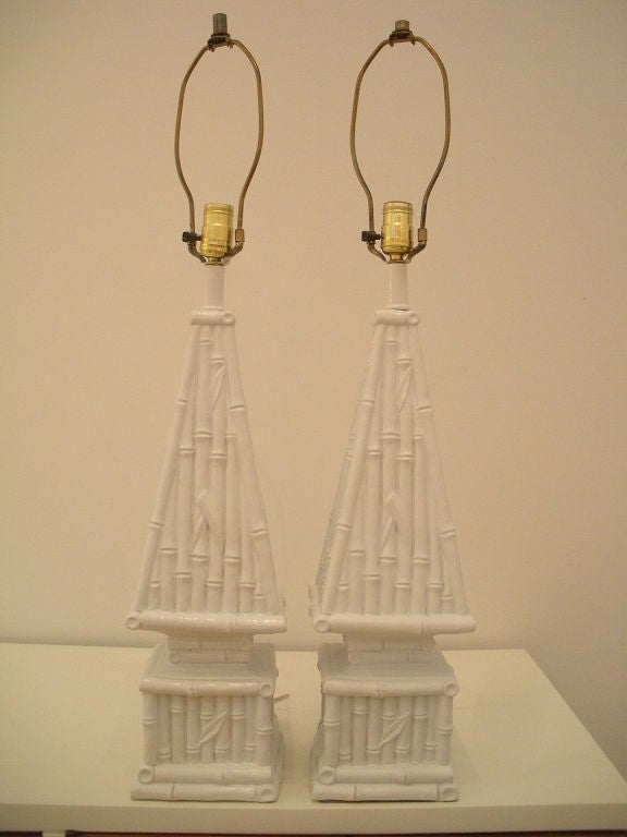 Pair of White Pyramid Lamps with Bamboo Motif