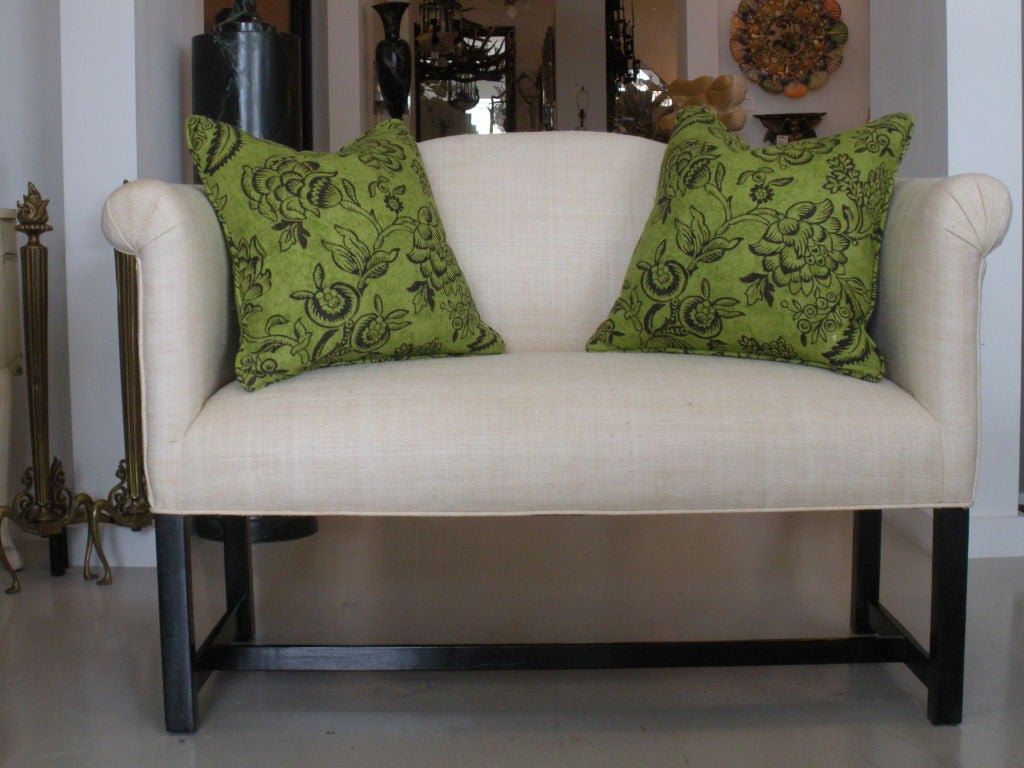 Petite linen fabric settee with down pillows.