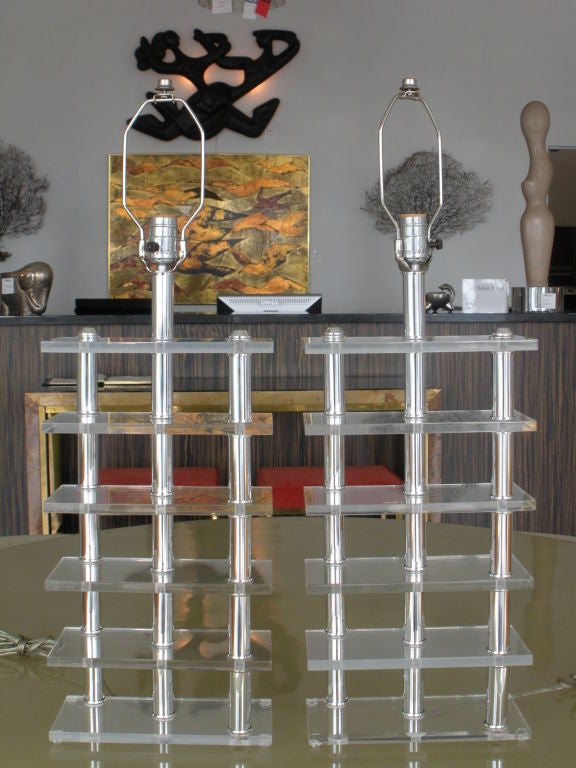 Pair of Geometric Lucite and  Chrome Lamps