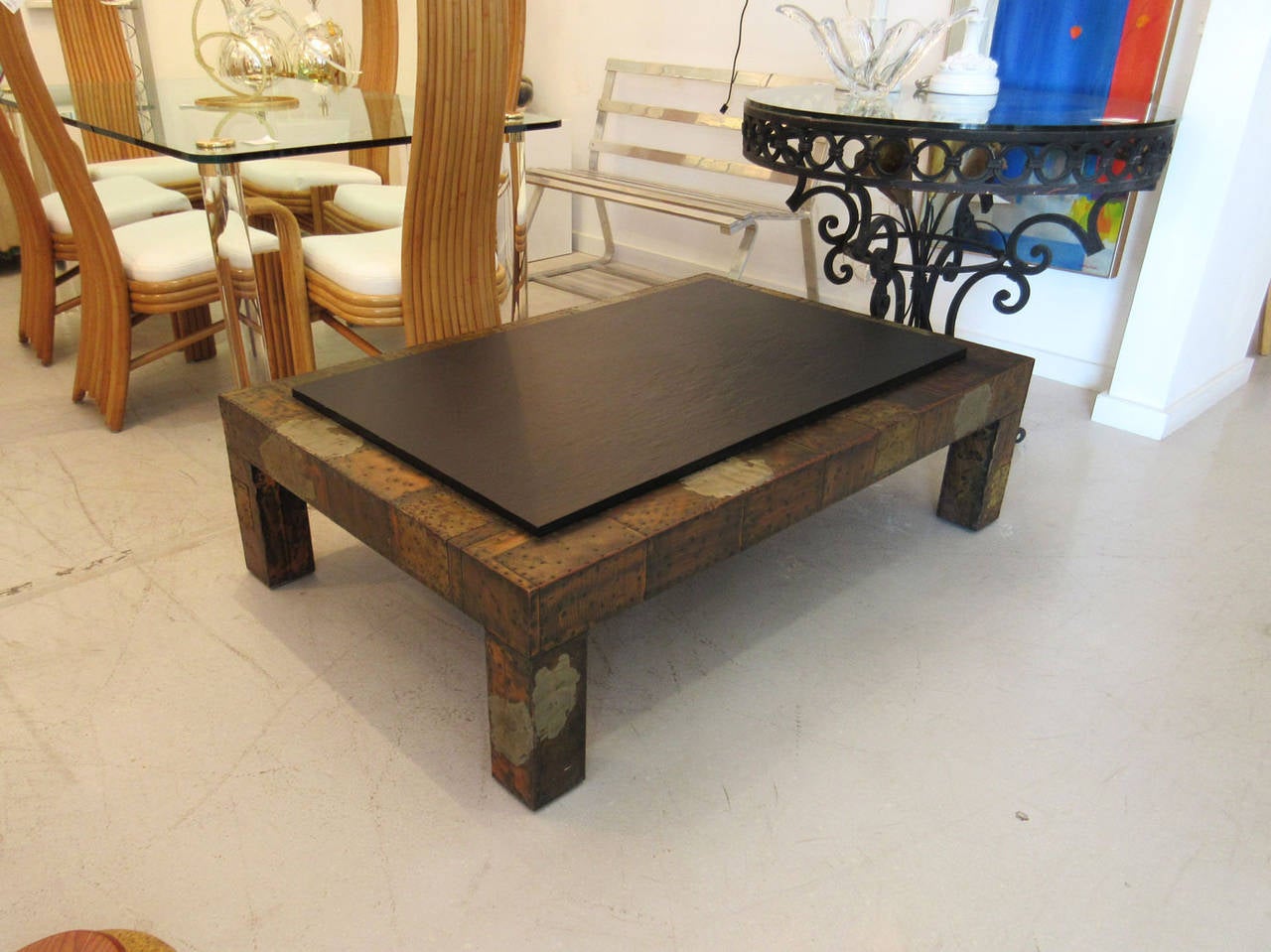 Mid-Century Modern Paul Evans patchwork mixed metal and slate coffee table.