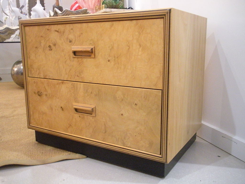Pair of Henredon nightstands with inlay and burl. Coordinating credenza also available.