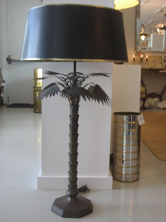 Unknown Pair of Vintage Brass Palm Tree Lamps with Tole Shades