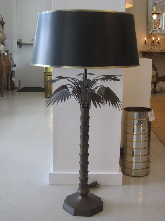 Pair of Vintage Brass Palm Tree Lamps with Tole Shades 4