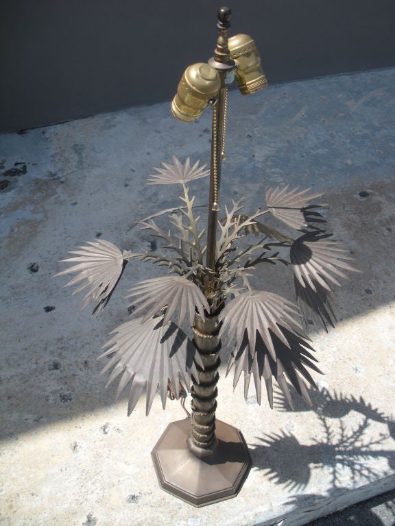 20th Century Pair of Vintage Brass Palm Tree Lamps with Tole Shades
