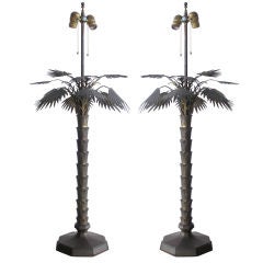 Pair of Vintage Brass Palm Tree Lamps with Tole Shades