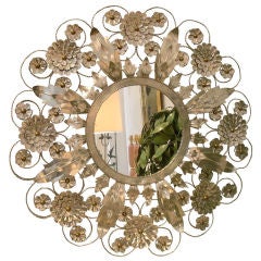 Vintage Mexican Tin Mirror Encrusted with Flowers
