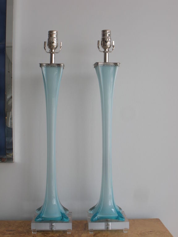 Pair of Vintage Aqua Blue Murano Glass Lamps