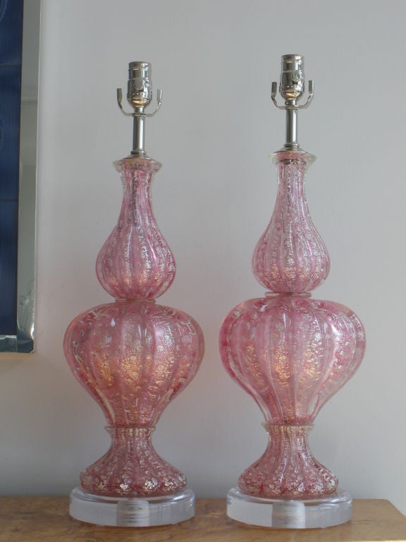 Pair of Vintage Pink Murano Glass Lamps