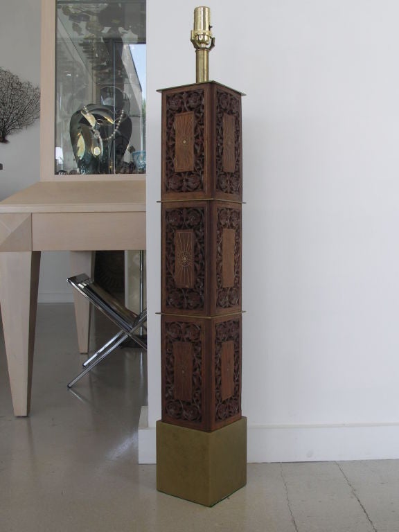 Unknown Pair of Indomania Carved Teak and Brass Inlay Lamps For Sale
