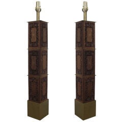 Pair of Indomania Carved Teak and Brass Inlay Lamps 8
