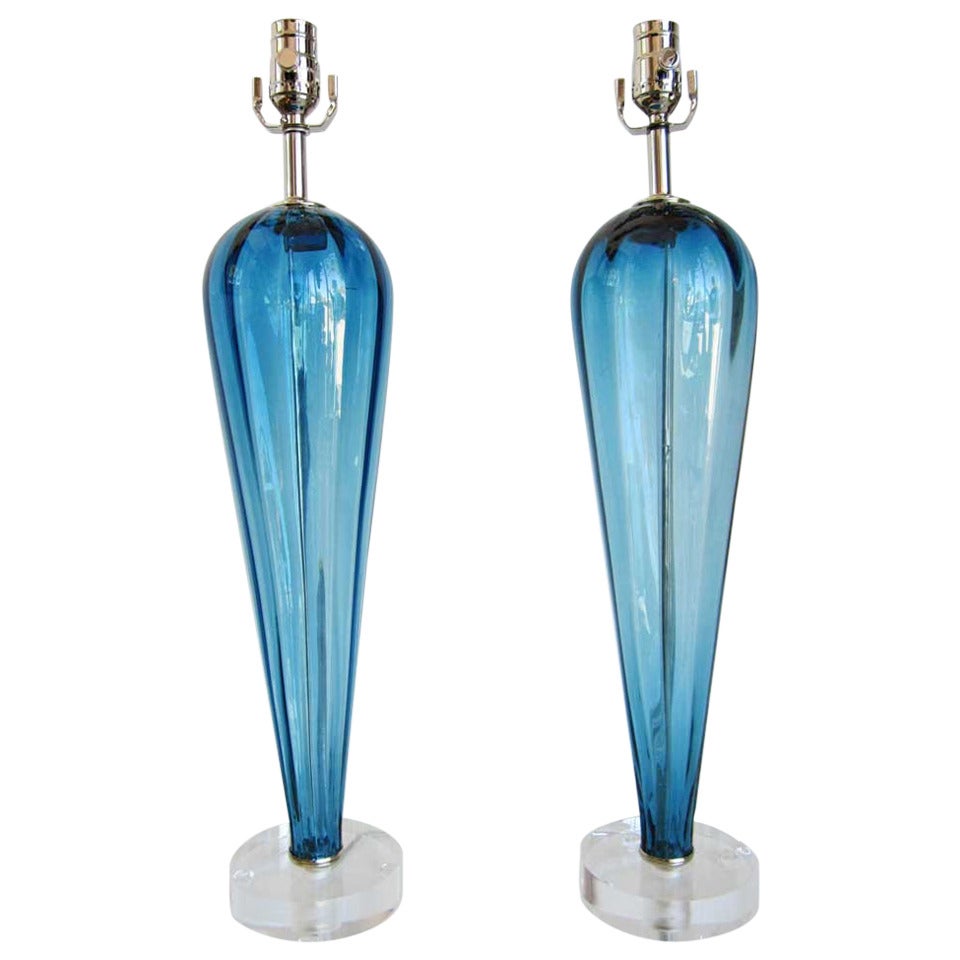 Pair of Vintage Blue Murano Teardrop Lamps