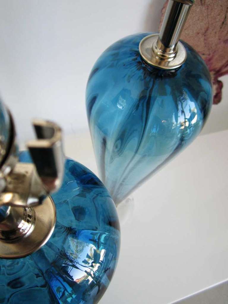 Italian Pair of Vintage Blue Murano Teardrop Lamps