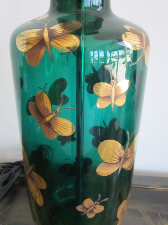 Unknown Single Emerald Green Glass Lamp with Butterflies