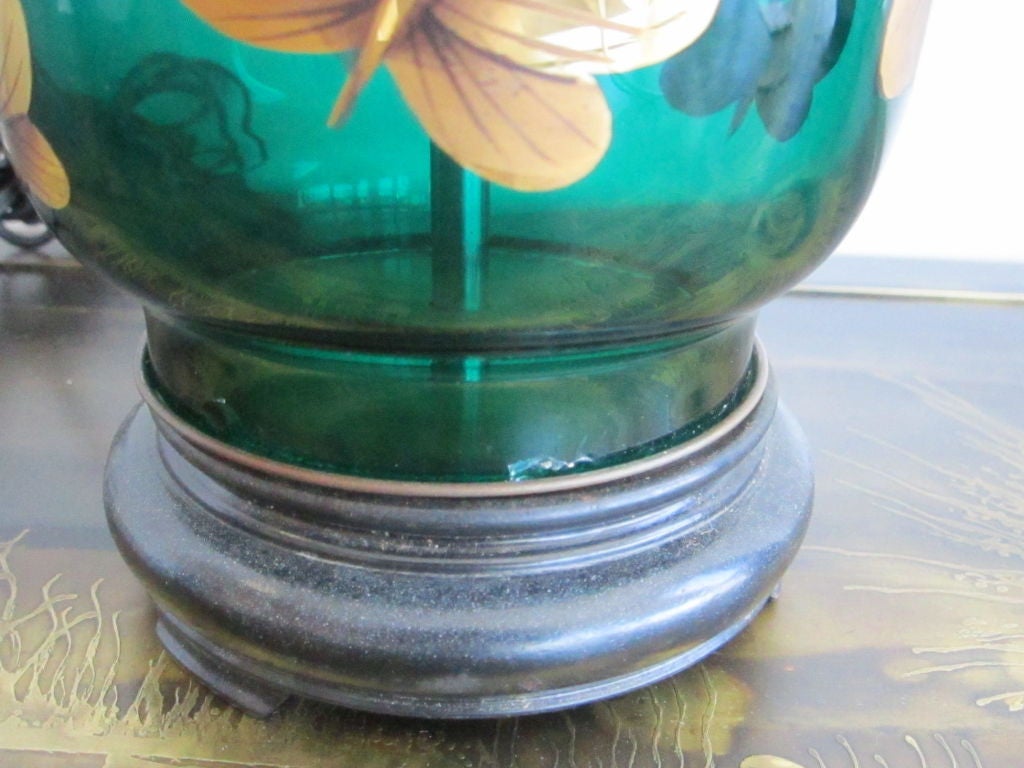 Mid-20th Century Single Emerald Green Glass Lamp with Butterflies