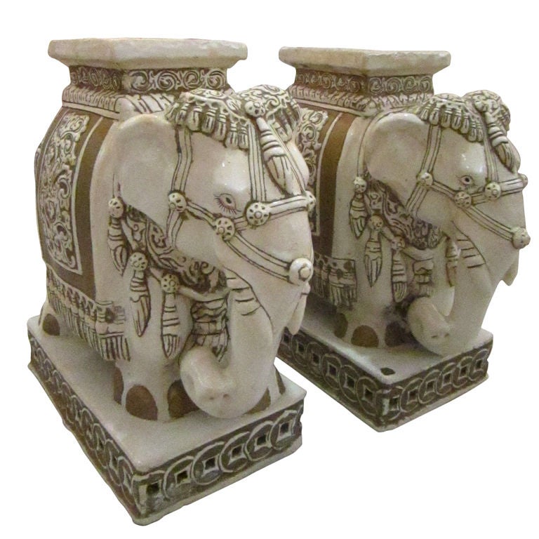 Pair of Elaborate Glazed Terracotta Elephant Garden Seats
